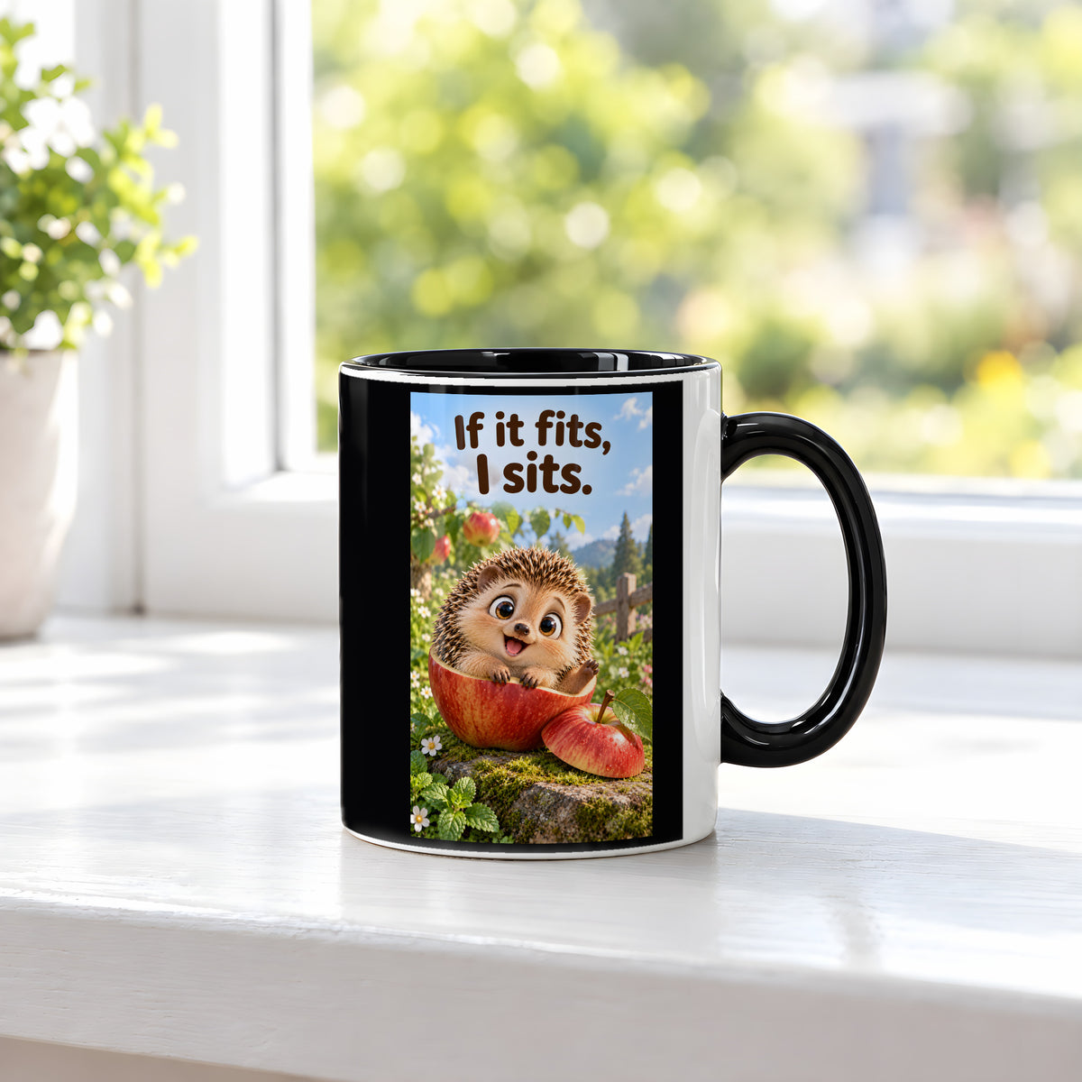 Ein fröhlicher Igel sitzt in einer ausgehöhlten Apfelhälfte im Garten und hebt eine Pfote. Spruch: If it fits, I sits. – Tasse innen schwarz, Ansicht am Fenster.