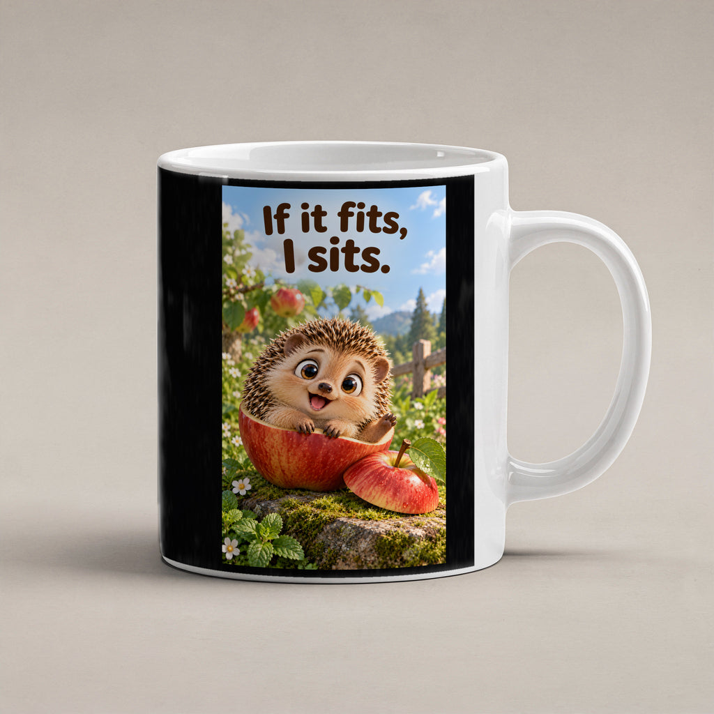Ein fröhlicher Igel sitzt in einer ausgehöhlten Apfelhälfte im Garten und hebt eine Pfote. Spruch: If it fits, I sits. – weiße Tasse, Studioansicht.