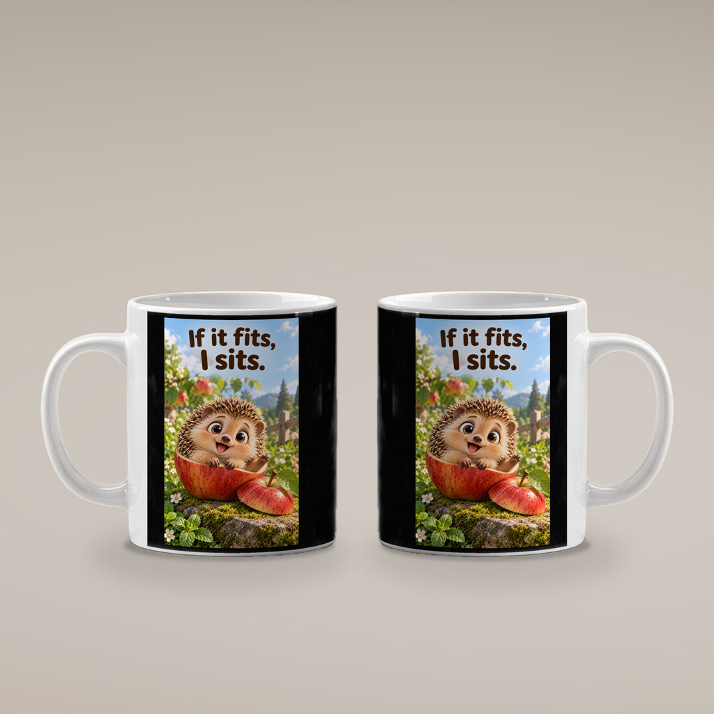 Ein fröhlicher Igel sitzt in einer ausgehöhlten Apfelhälfte im Garten und hebt eine Pfote. Spruch: If it fits, I sits. – weiße Tasse, beide Motivseiten.