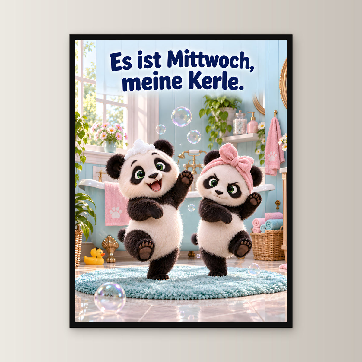 Schaumdisco – Gerahmtes Pandabild. Spruch: Es ist Mittwoch, meine Kerle. 45×60 cm. Schwarzer Holzrahmen ohne Passepartout. 1 FRONTAL