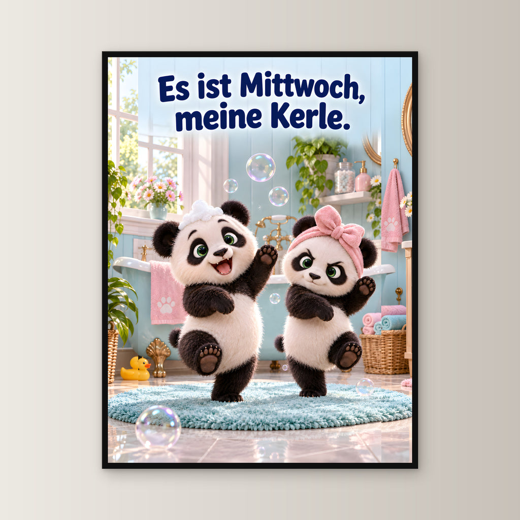 Schaumdisco – Gerahmtes Pandabild. Spruch: Es ist Mittwoch, meine Kerle. 60×80 cm. Schwarzer Holzrahmen ohne Passepartout. 1 FRONTAL