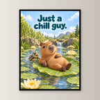 Limousinenblatt – Gerahmtes Capybarabild. Spruch: Just a chill guy. 45×60 cm. Schwarzer Holzrahmen ohne Passepartout. 1 FRONTAL