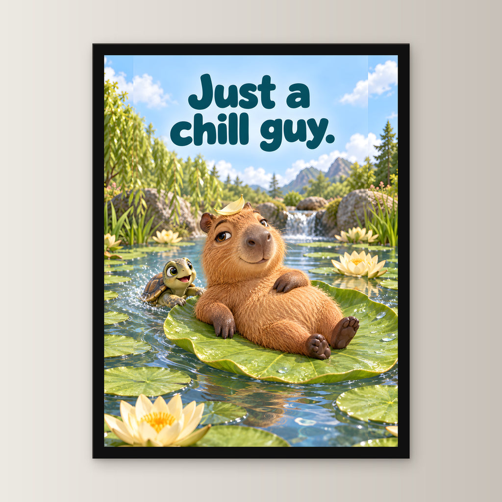 Limousinenblatt – Gerahmtes Capybarabild. Spruch: Just a chill guy. 30×40 cm. Schwarzer Holzrahmen ohne Passepartout. 1 FRONTAL