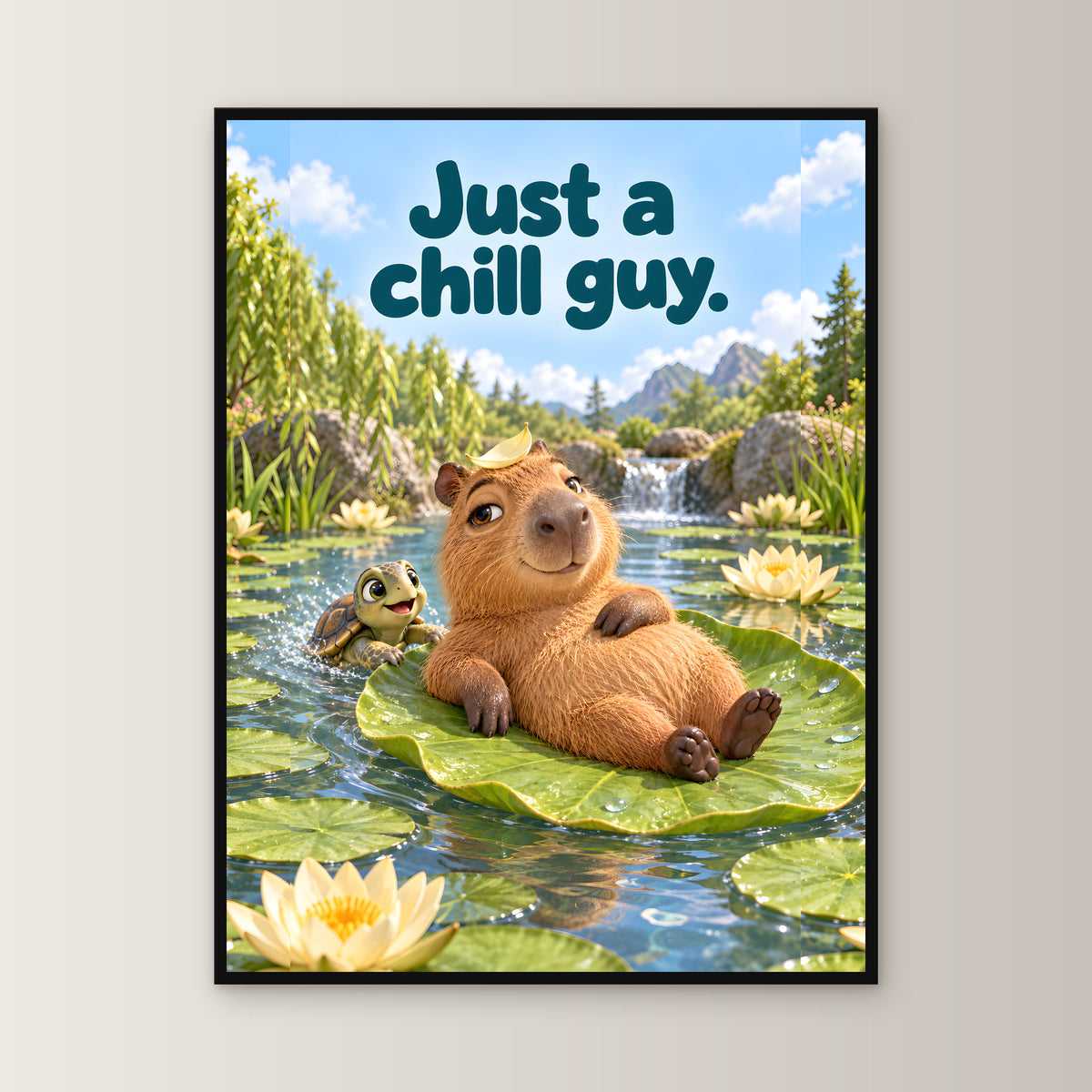 Limousinenblatt – Gerahmtes Capybarabild. Spruch: Just a chill guy. 60×80 cm. Schwarzer Holzrahmen ohne Passepartout. 1 FRONTAL
