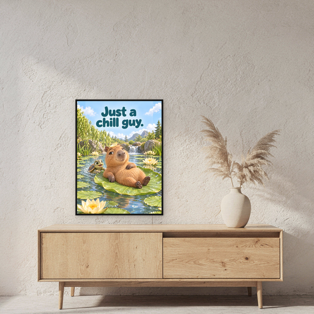 Limousinenblatt – Gerahmtes Capybarabild. Spruch: Just a chill guy. 60×80 cm. Schwarzer Holzrahmen ohne Passepartout. 2 RAUM 60x80cm