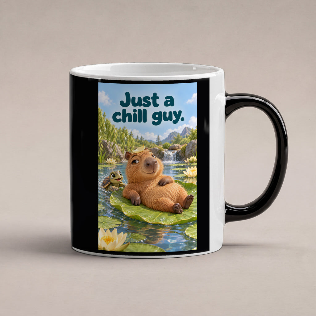 Ein entspanntes Capybara mit einem Blatt auf dem Kopf liegt auf einem großen Seerosenblatt; eine kleine Schildkröte schwimmt daneben. Spruch: Just a chill guy. – Black Edition mit Wärmeeffekt, Studioansicht.