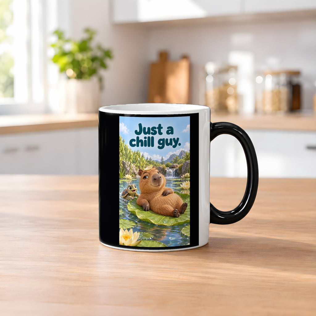 Ein entspanntes Capybara mit einem Blatt auf dem Kopf liegt auf einem großen Seerosenblatt; eine kleine Schildkröte schwimmt daneben. Spruch: Just a chill guy. – Black Edition mit Wärmeeffekt, Küchenansicht.