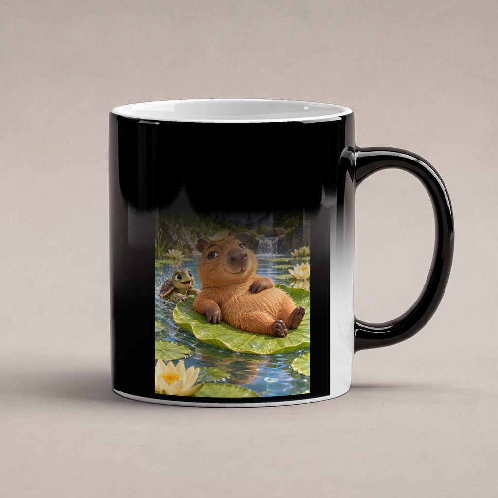 Ein entspanntes Capybara mit einem Blatt auf dem Kopf liegt auf einem großen Seerosenblatt; eine kleine Schildkröte schwimmt daneben. Spruch: Just a chill guy. – Black Edition mit Wärmeeffekt, Wärmeeffekt.