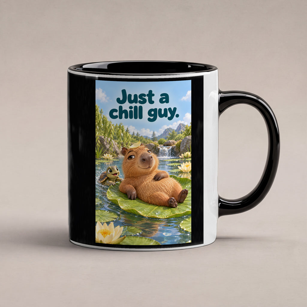 Ein entspanntes Capybara mit einem Blatt auf dem Kopf liegt auf einem großen Seerosenblatt; eine kleine Schildkröte schwimmt daneben. Spruch: Just a chill guy. – Tasse innen schwarz, Studioansicht.