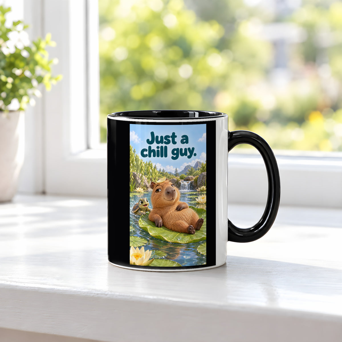 Ein entspanntes Capybara mit einem Blatt auf dem Kopf liegt auf einem großen Seerosenblatt; eine kleine Schildkröte schwimmt daneben. Spruch: Just a chill guy. – Tasse innen schwarz, Ansicht am Fenster.