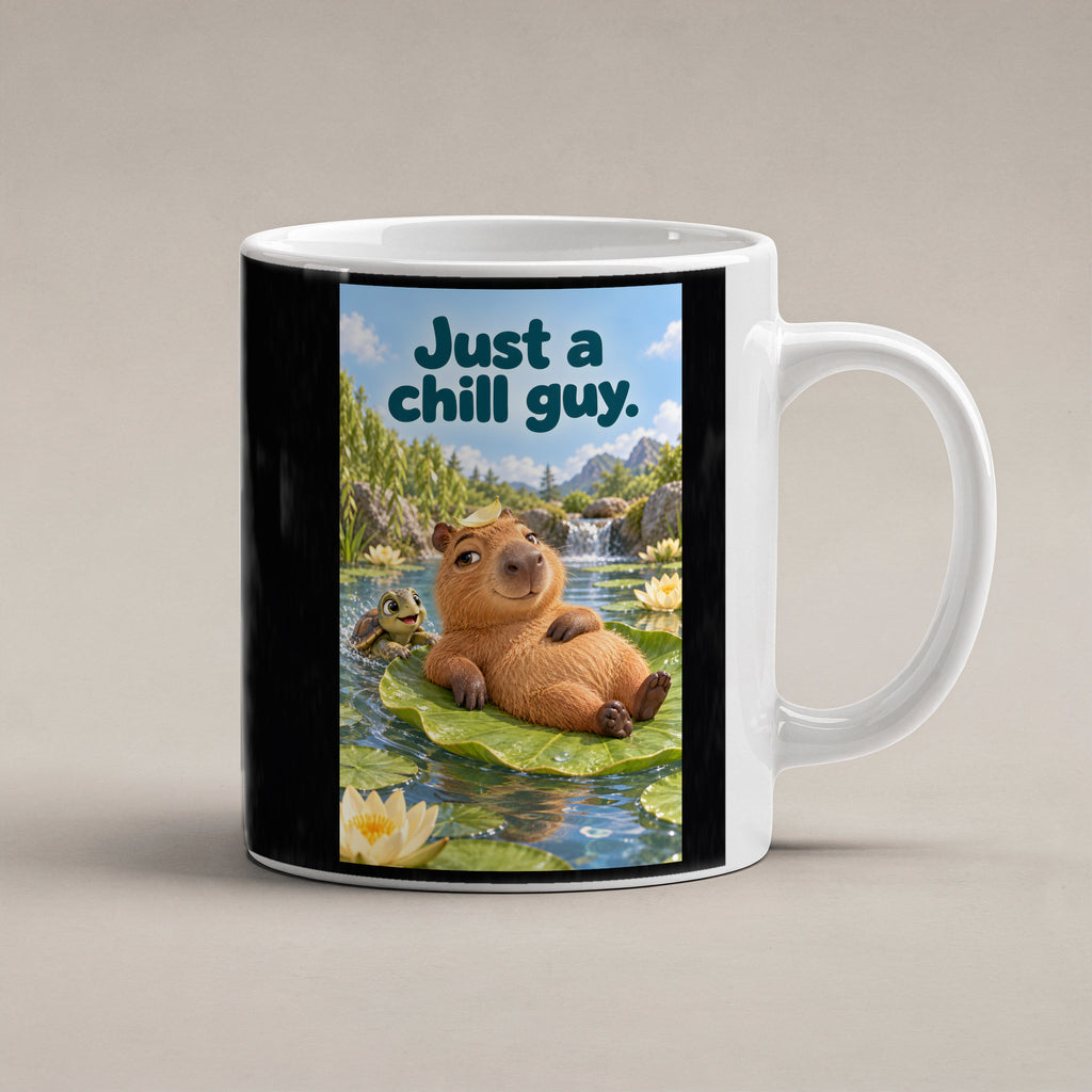 Ein entspanntes Capybara mit einem Blatt auf dem Kopf liegt auf einem großen Seerosenblatt; eine kleine Schildkröte schwimmt daneben. Spruch: Just a chill guy. – weiße Tasse, Studioansicht.
