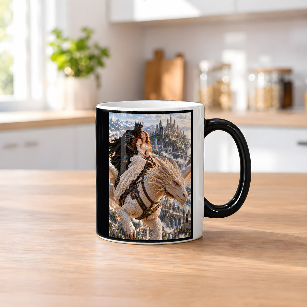 Drachenritt – Fantasywand-Fantasymotiv. 2 KUECHE HEISS. Zaubertasse: Wärmeeffekt.