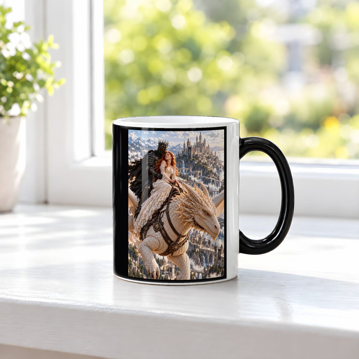 Drachenritt – Fantasywand-Fantasymotiv. 3 FENSTER HEISS. Zaubertasse: Wärmeeffekt.