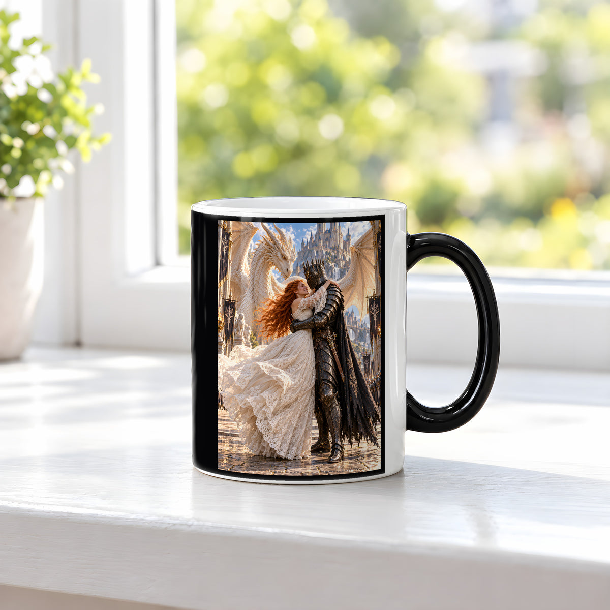 Schlosstor – Fantasywand-Fantasymotiv. 3 FENSTER HEISS. Zaubertasse: Wärmeeffekt.