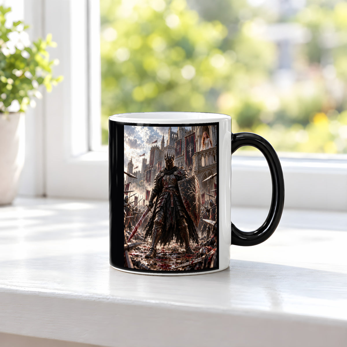 Vor ihren Augen – Fantasywand-Fantasymotiv. 3 FENSTER HEISS. Zaubertasse: Wärmeeffekt.
