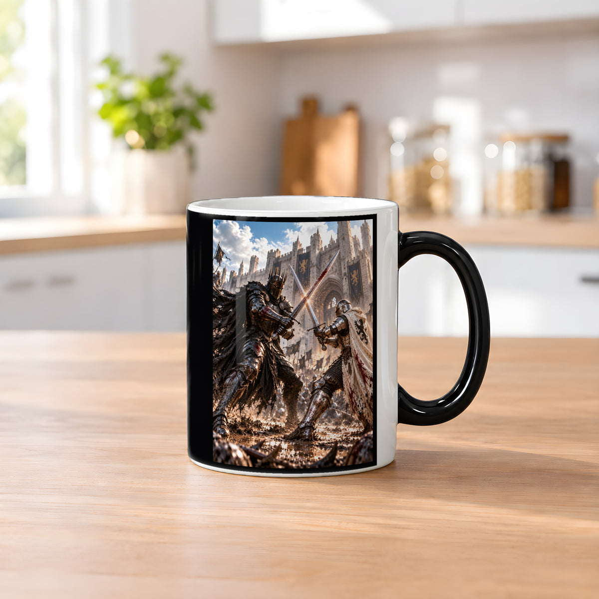 Schwertkampf – Fantasywand-Fantasymotiv. 2 KUECHE HEISS. Zaubertasse: Wärmeeffekt.