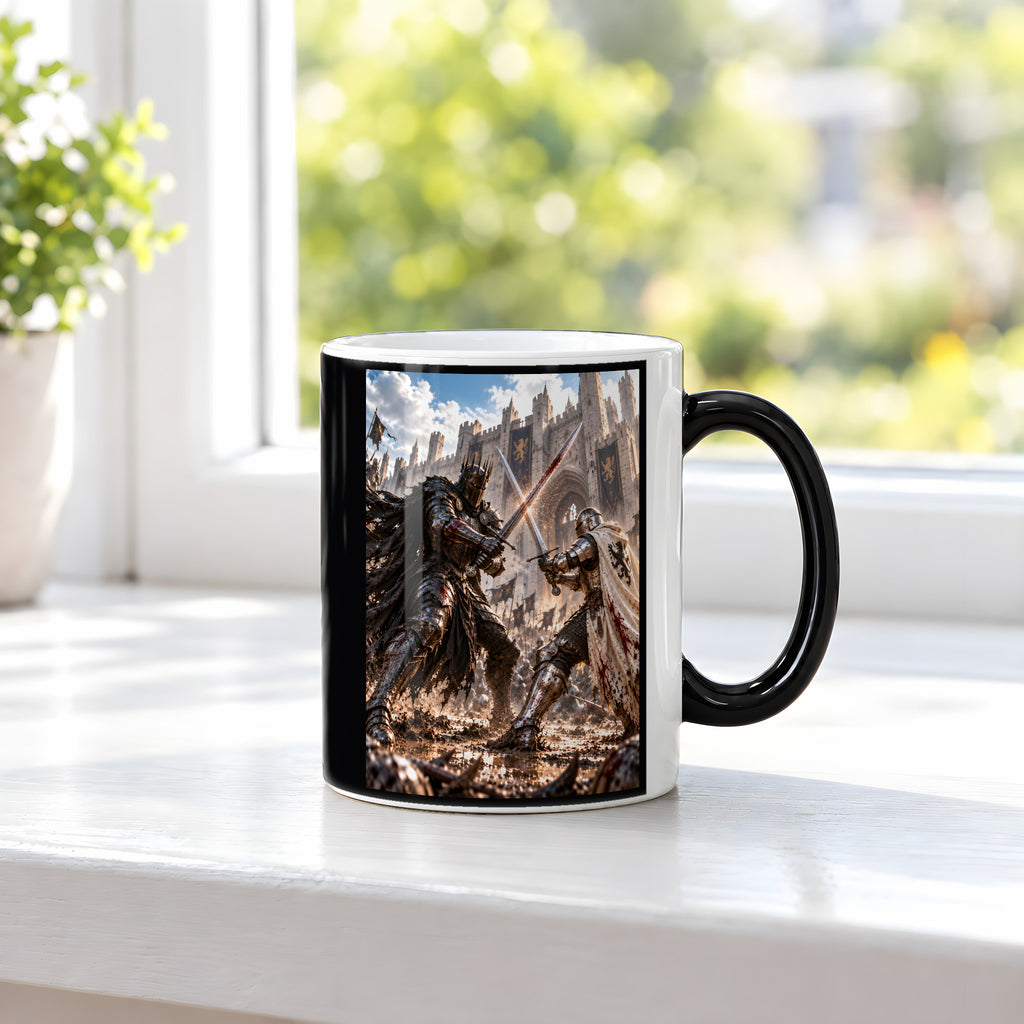 Schwertkampf – Fantasywand-Fantasymotiv. 3 FENSTER HEISS. Zaubertasse: Wärmeeffekt.