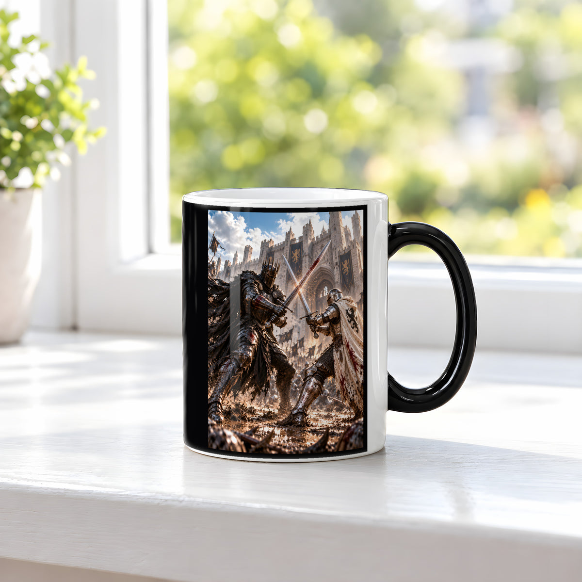 Schwertkampf – Fantasywand-Fantasymotiv. 3 FENSTER HEISS. Zaubertasse: Wärmeeffekt.