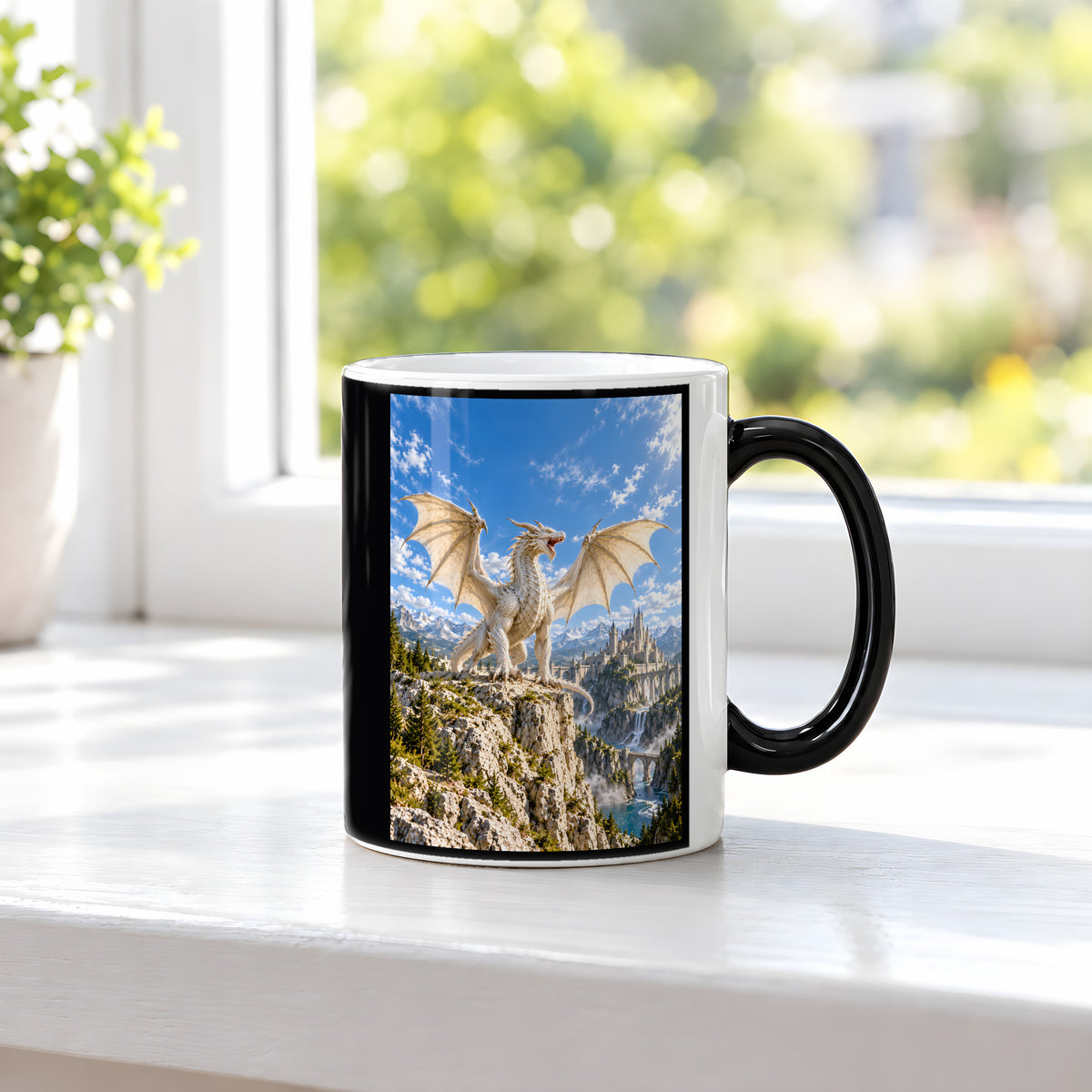 Der Elfenbeinsturm – Fantasywand-Fantasymotiv. 3 FENSTER HEISS. Zaubertasse: Wärmeeffekt.