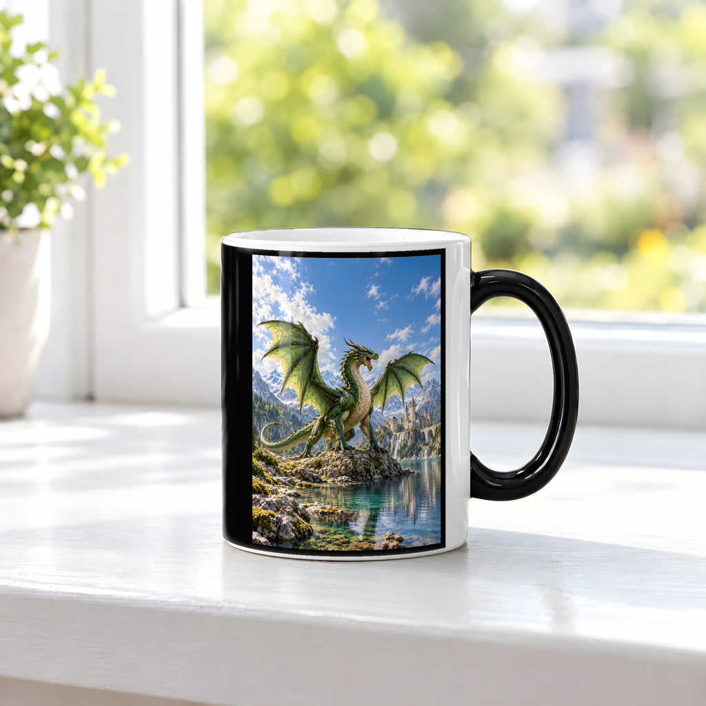 Der Smaragdwächter – Fantasywand-Fantasymotiv. 3 FENSTER HEISS. Zaubertasse: Wärmeeffekt.