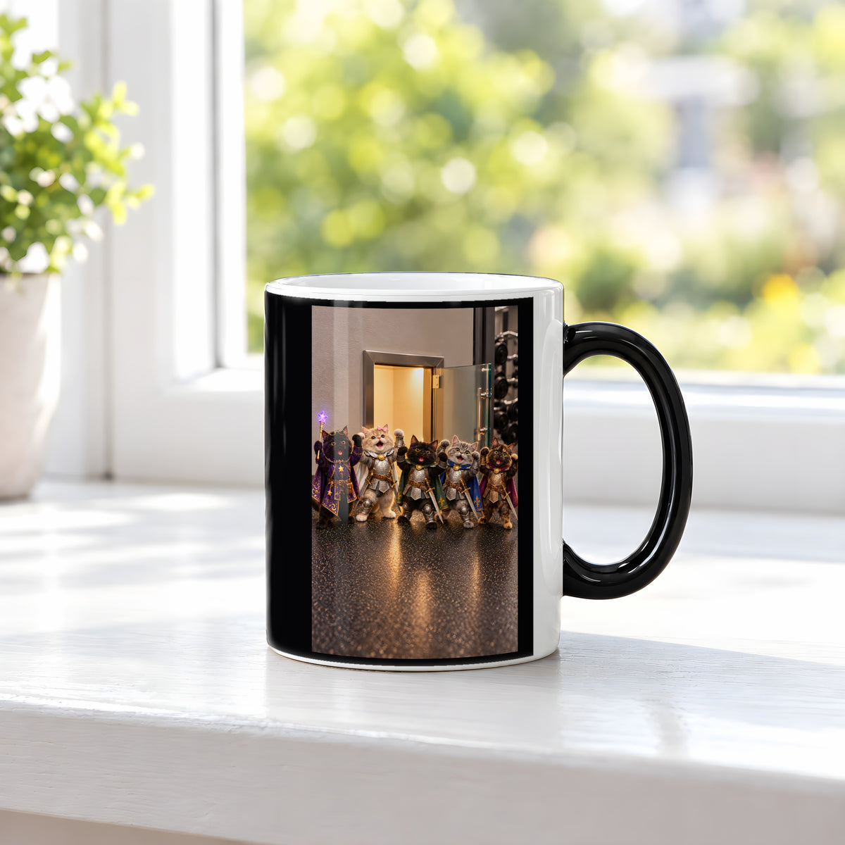 Gruppenpose tiefere Ansicht. Katzentasse. 3 FENSTER · Zaubertasse