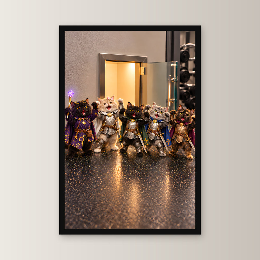Gruppenpose tiefere Ansicht. Gerahmtes Katzenbild. 1 FRONTAL · 30×45 cm