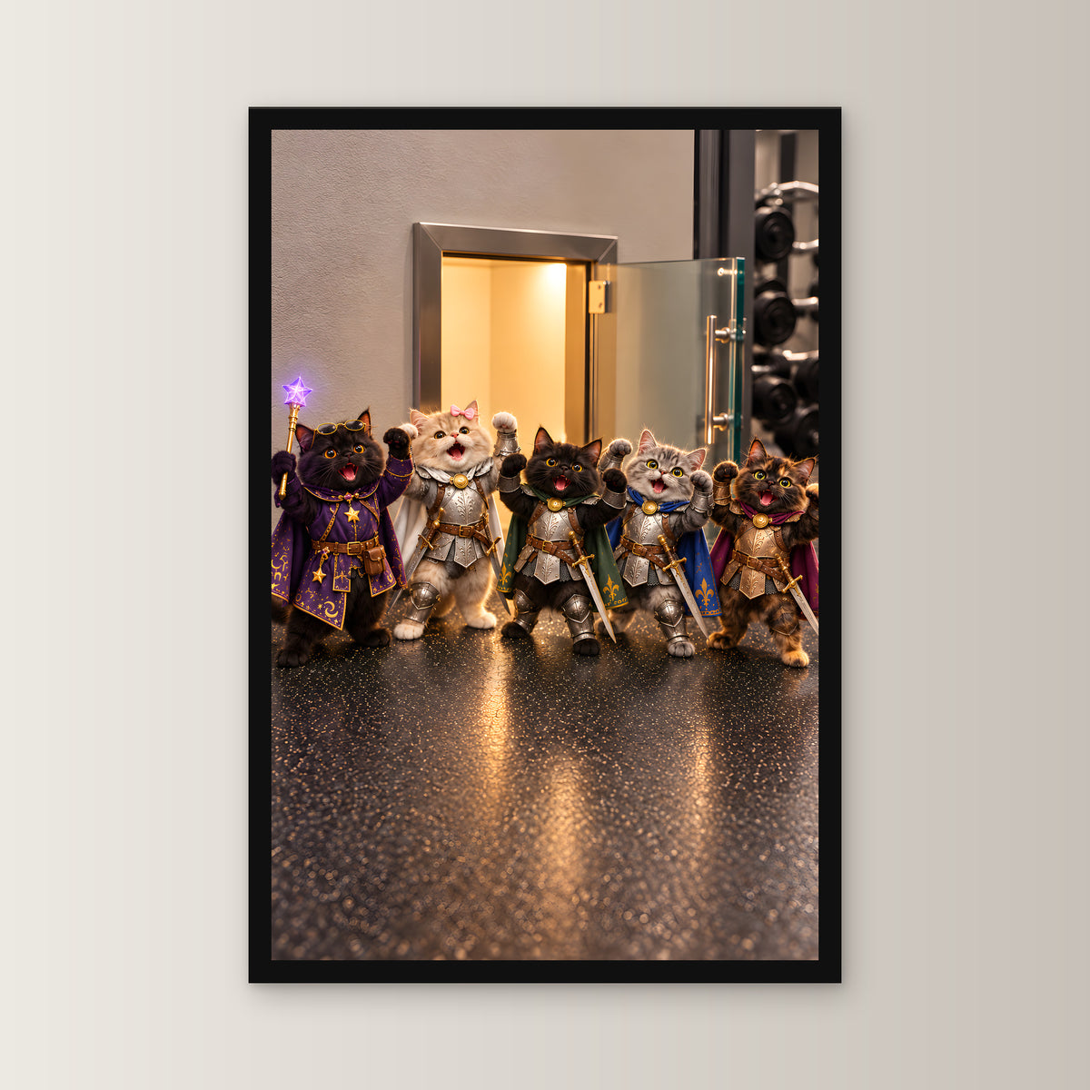 Gruppenpose tiefere Ansicht. Gerahmtes Katzenbild. 1 FRONTAL · 30×45 cm