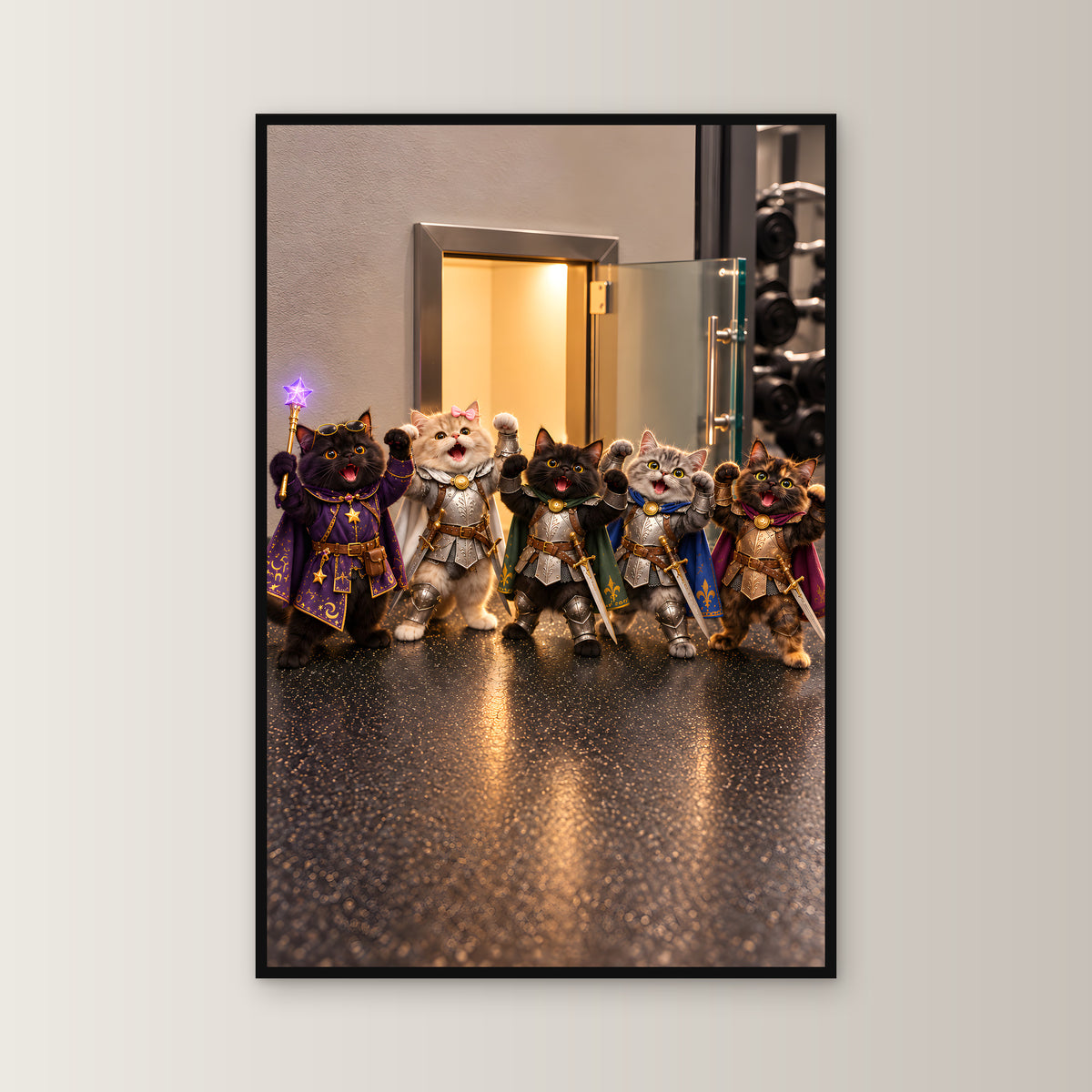 Gruppenpose tiefere Ansicht. Gerahmtes Katzenbild. 1 FRONTAL · 60×90 cm