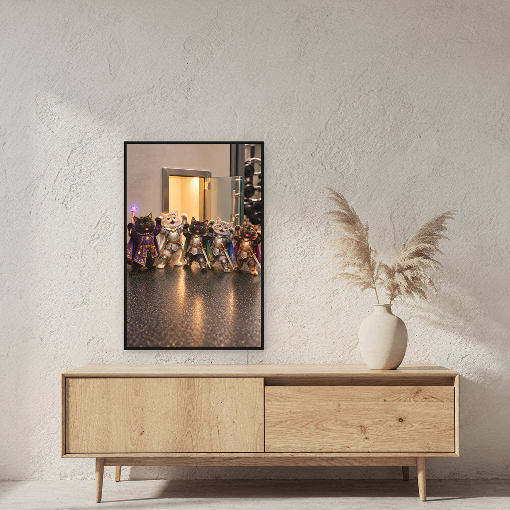 Gruppenpose tiefere Ansicht. Gerahmtes Katzenbild. 2 RAUM · 60×90 cm