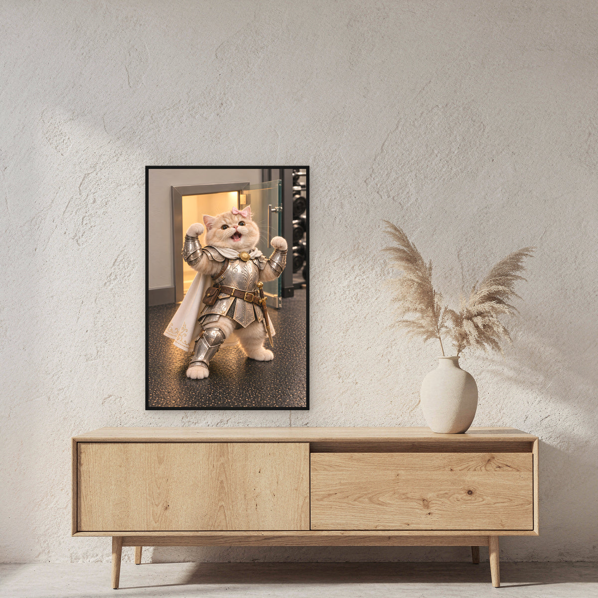 Schleifenkatze Dreiviertel. Gerahmtes Katzenbild. 2 RAUM · 60×90 cm