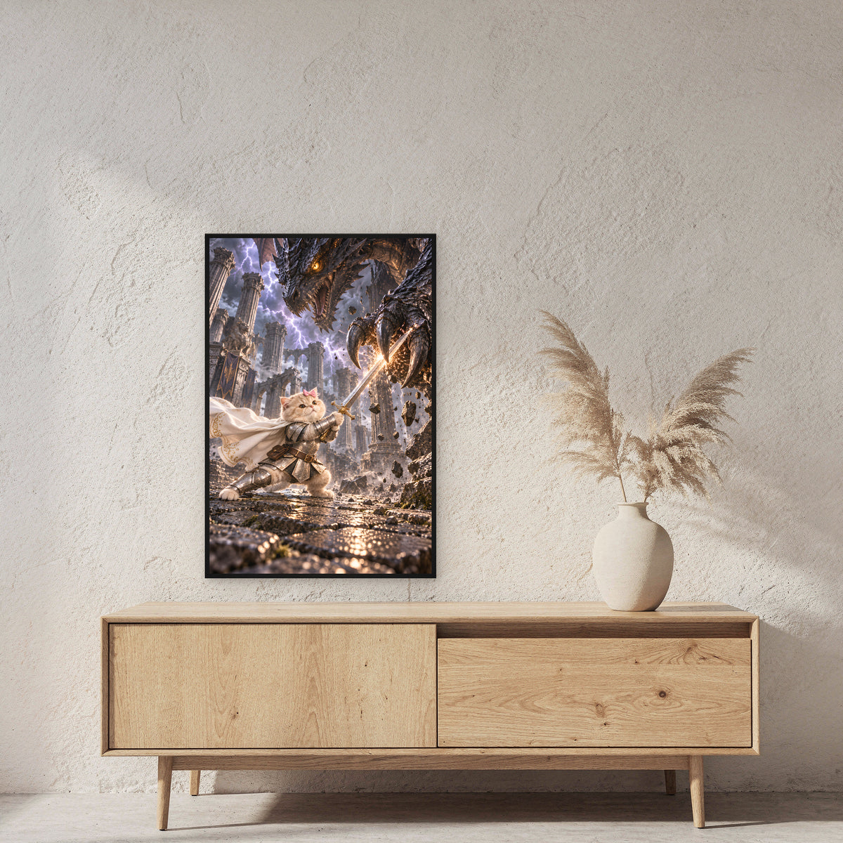 Drachenkampf zwischen Säulen. Gerahmtes Katzenbild. 2 RAUM · 60×90 cm