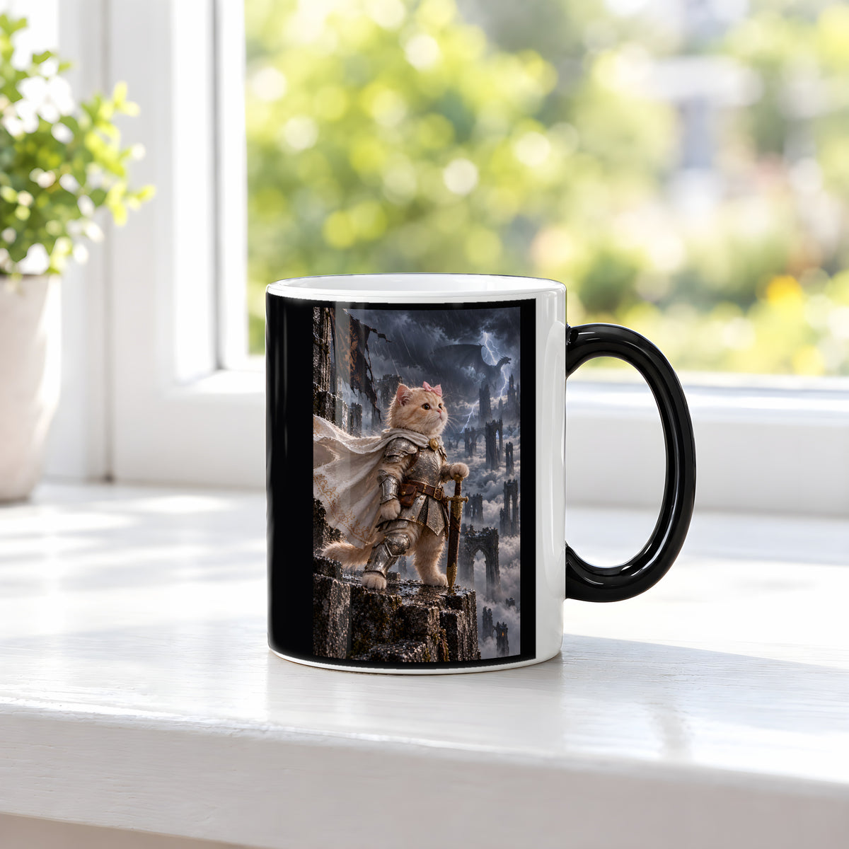 Sturmwache über den Wolken. Katzentasse. 3 FENSTER · Zaubertasse