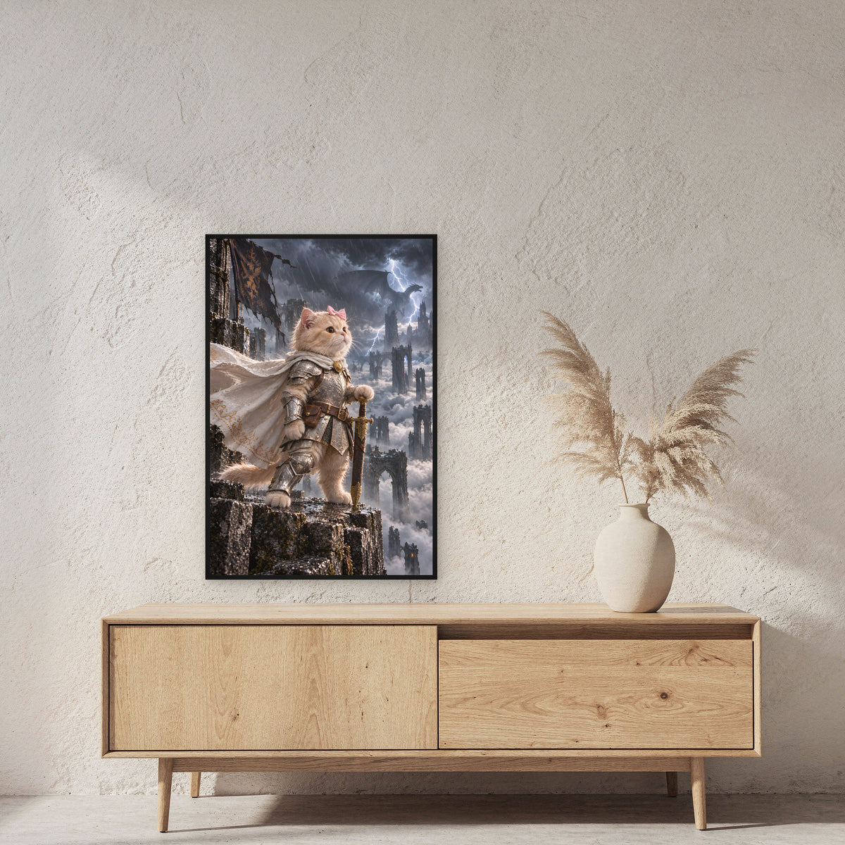 Sturmwache über den Wolken. Gerahmtes Katzenbild. 2 RAUM · 60×90 cm