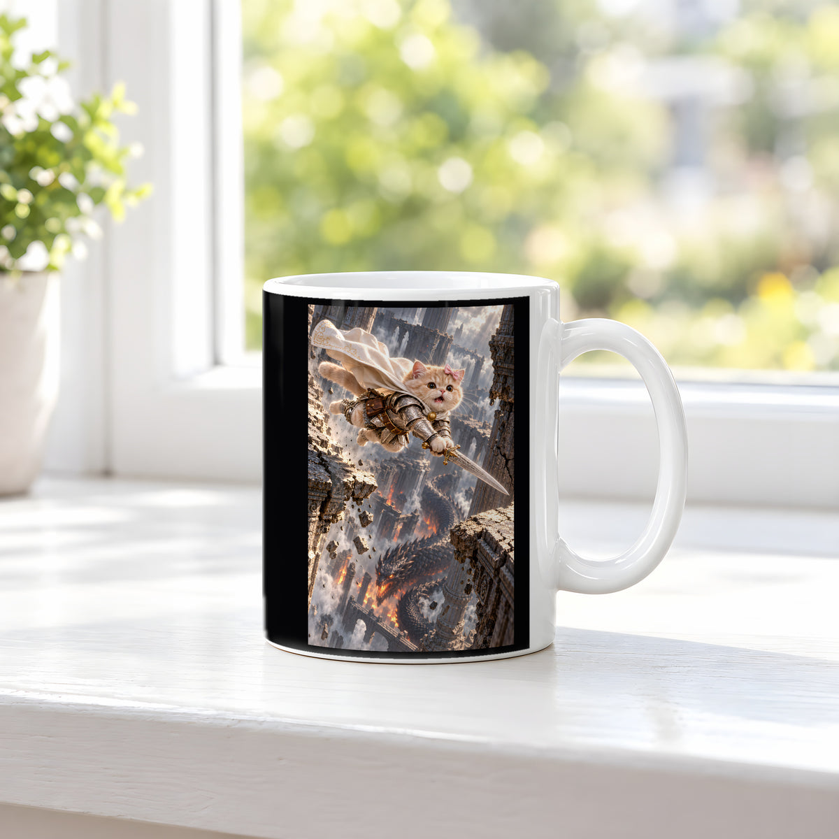Sprung durch Säulenruinen. Katzentasse. 3 FENSTER · Weiß