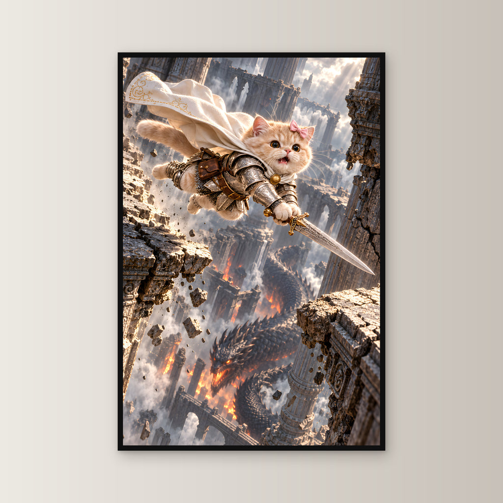 Sprung durch Säulenruinen. Gerahmtes Katzenbild. 1 FRONTAL · 60×90 cm