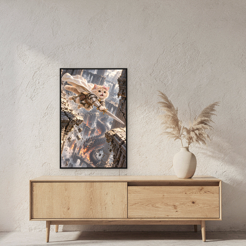 Sprung durch Säulenruinen. Gerahmtes Katzenbild. 2 RAUM · 60×90 cm