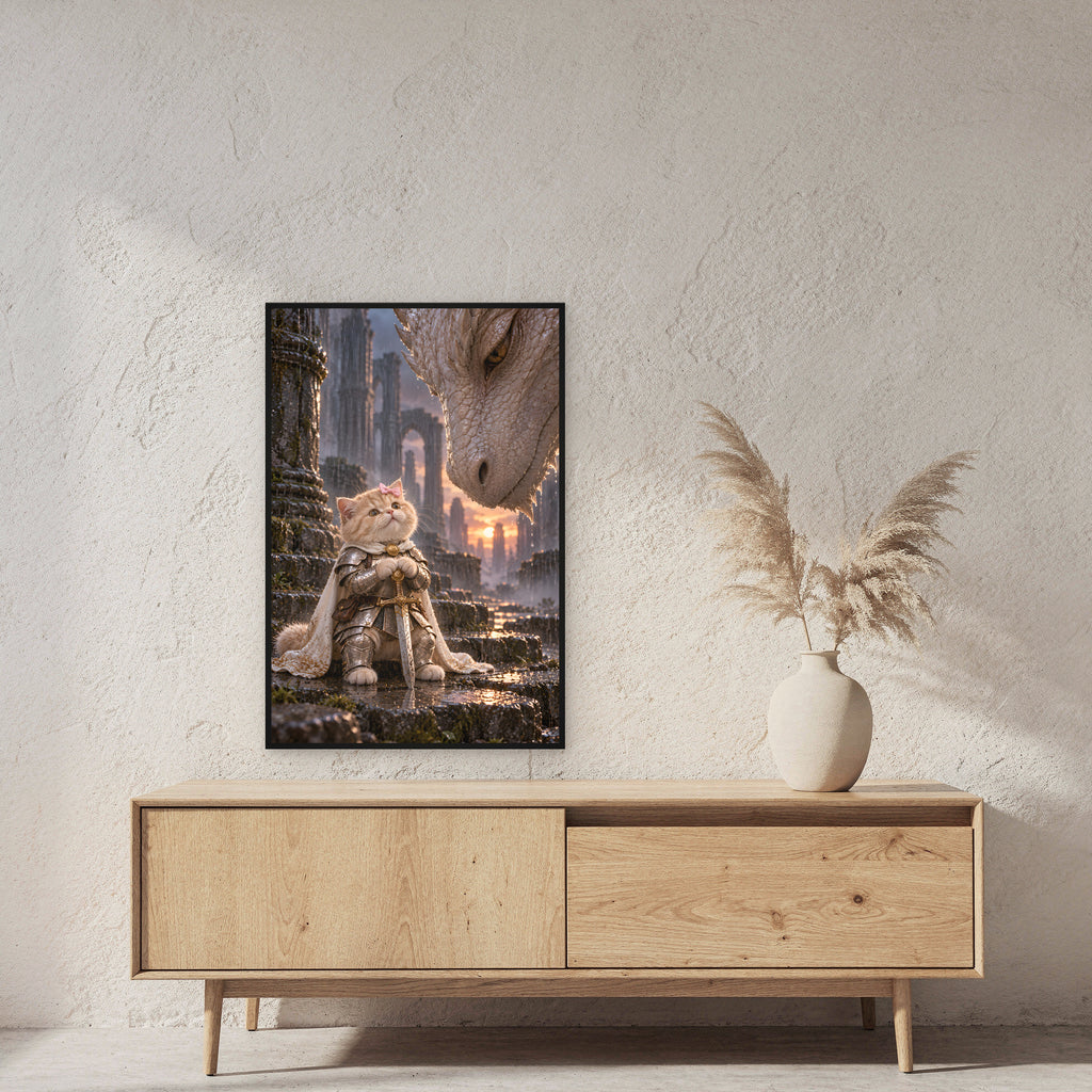 Ruhiger Moment mit riesigem Drachen. Gerahmtes Katzenbild. 2 RAUM · 60×90 cm