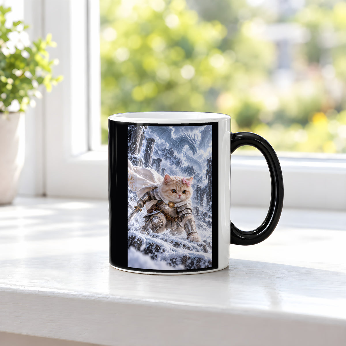 Ritterkatze im Schneesturm. Katzentasse. 3 FENSTER · Zaubertasse