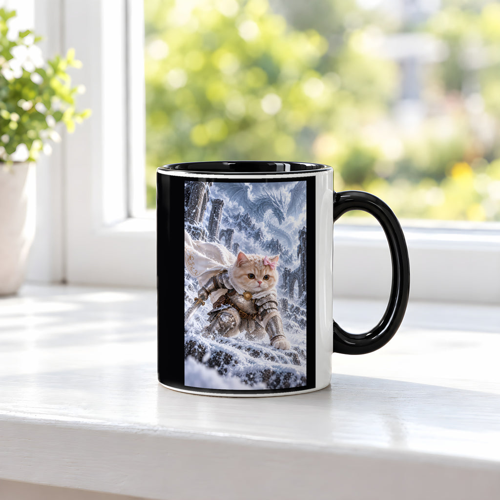 Ritterkatze im Schneesturm. Katzentasse. 3 FENSTER · Innen schwarz