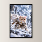 Ritterkatze im Schneesturm. Gerahmtes Katzenbild. 1 FRONTAL · 30×45 cm