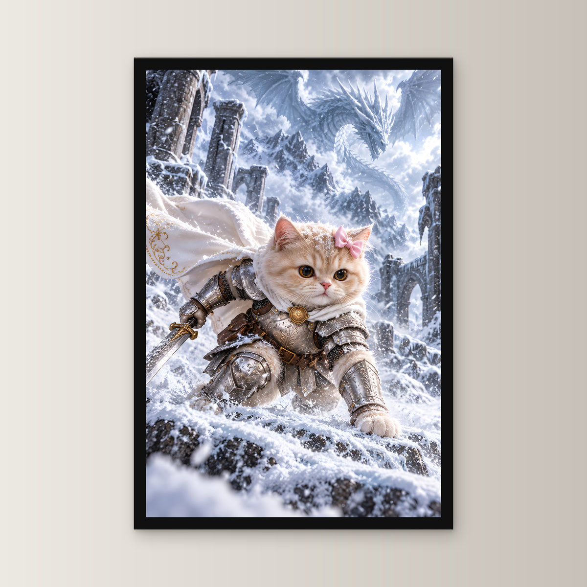 Ritterkatze im Schneesturm. Gerahmtes Katzenbild. 1 FRONTAL · 30×45 cm