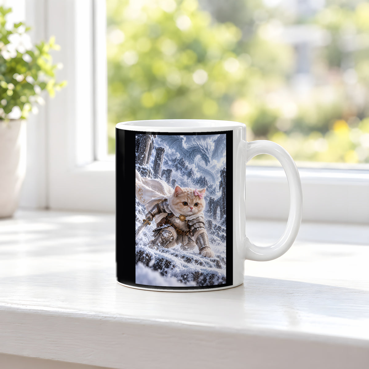 Ritterkatze im Schneesturm. Katzentasse. 3 FENSTER · Weiß