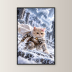 Ritterkatze im Schneesturm. Gerahmtes Katzenbild. 1 FRONTAL · 60×90 cm