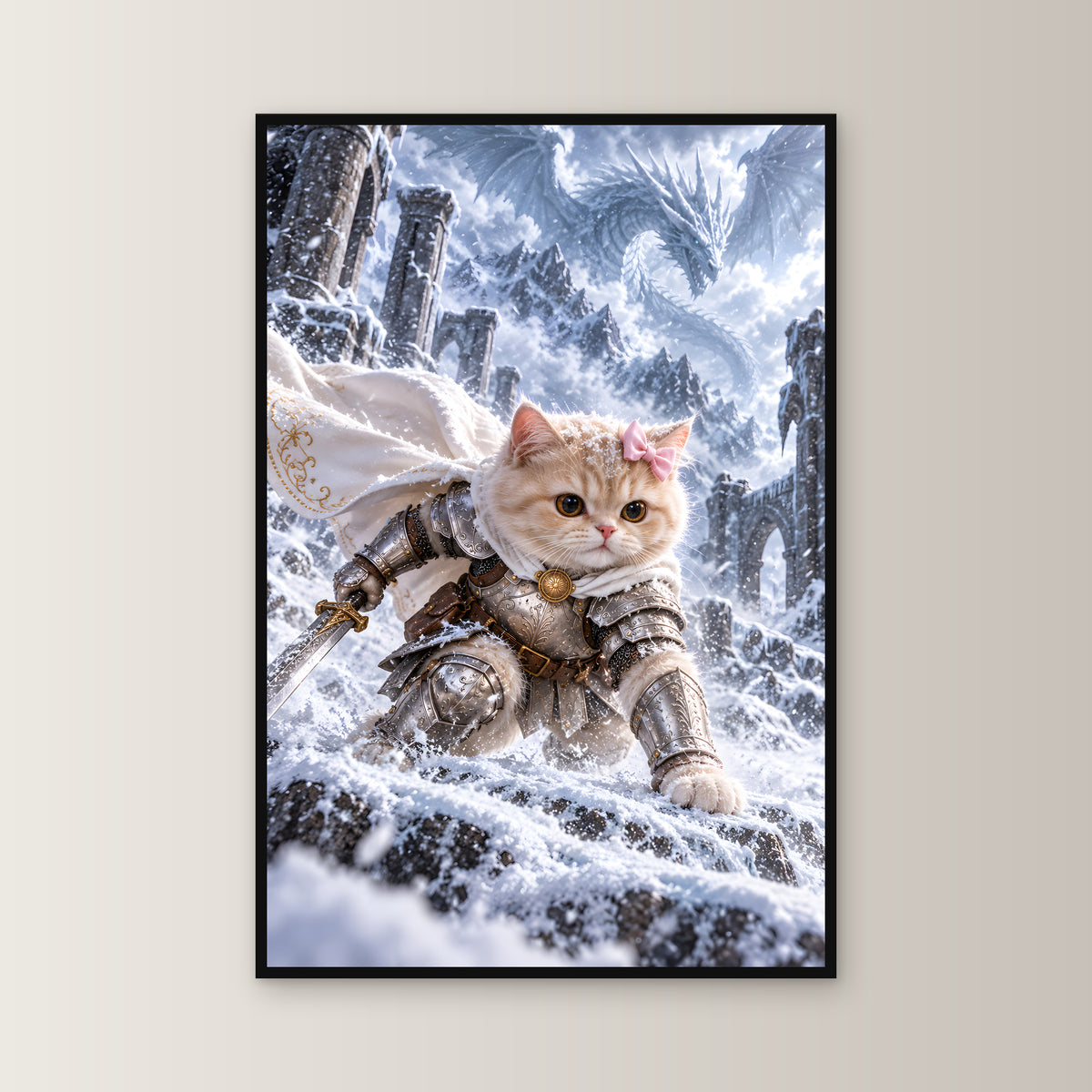 Ritterkatze im Schneesturm. Gerahmtes Katzenbild. 1 FRONTAL · 60×90 cm