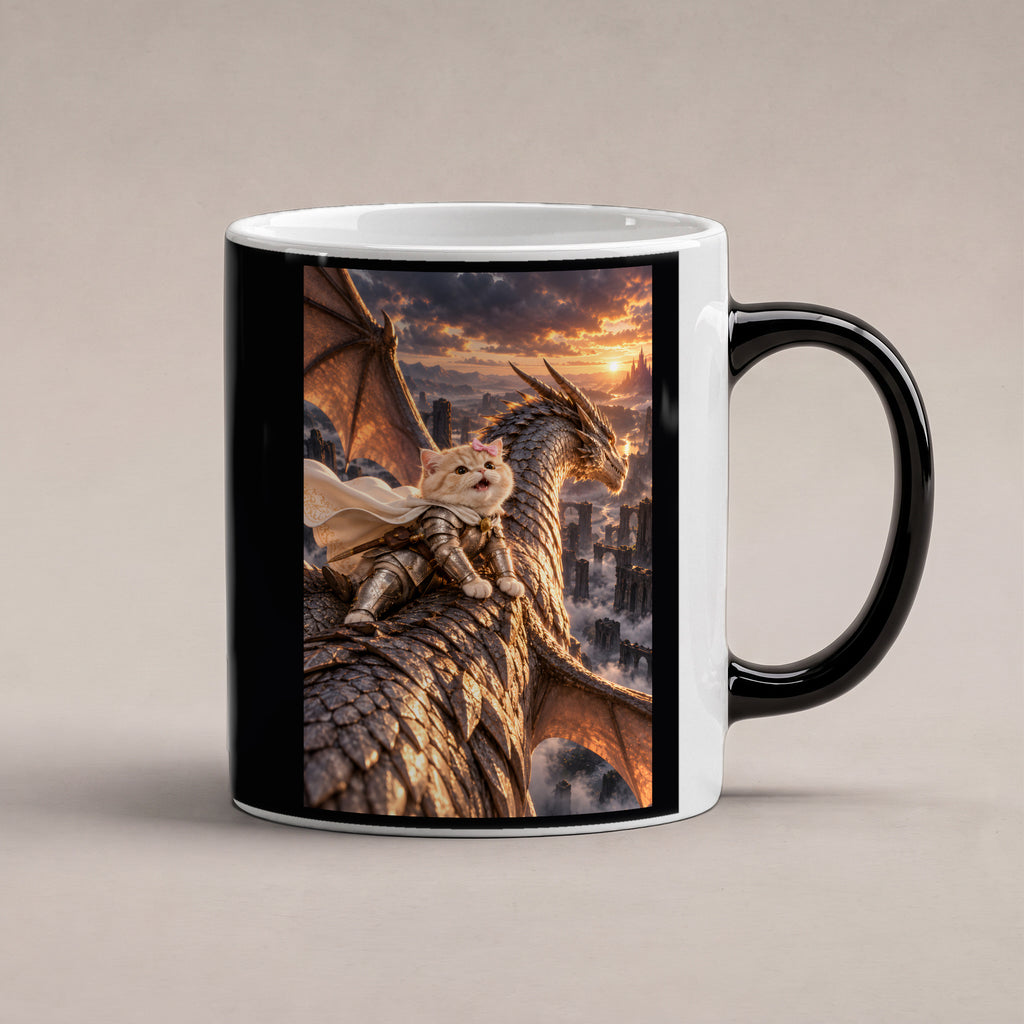 Schleifenkatze auf Drachenrücken. Katzentasse. 1 STUDIO · Zaubertasse
