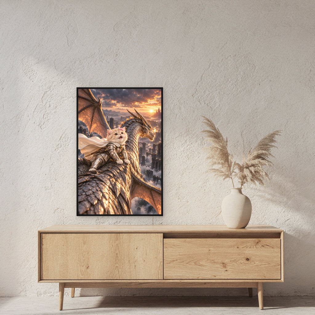 Schleifenkatze auf Drachenrücken. Gerahmtes Katzenbild. 2 RAUM · 60×90 cm