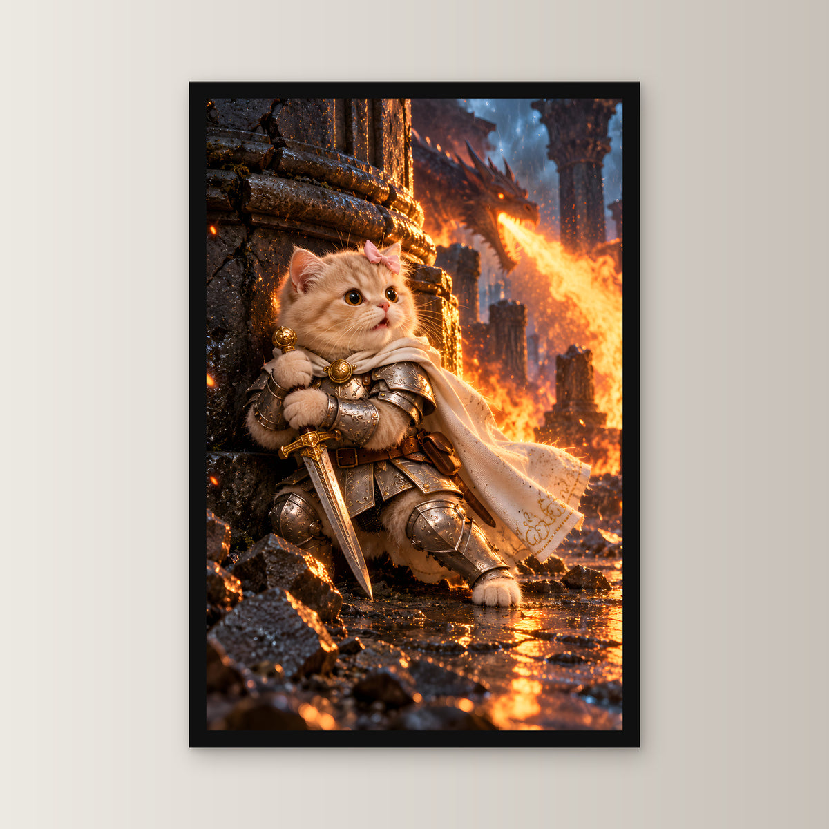 Deckung vor Drachenfeuer. Gerahmtes Katzenbild. 1 FRONTAL · 30×45 cm