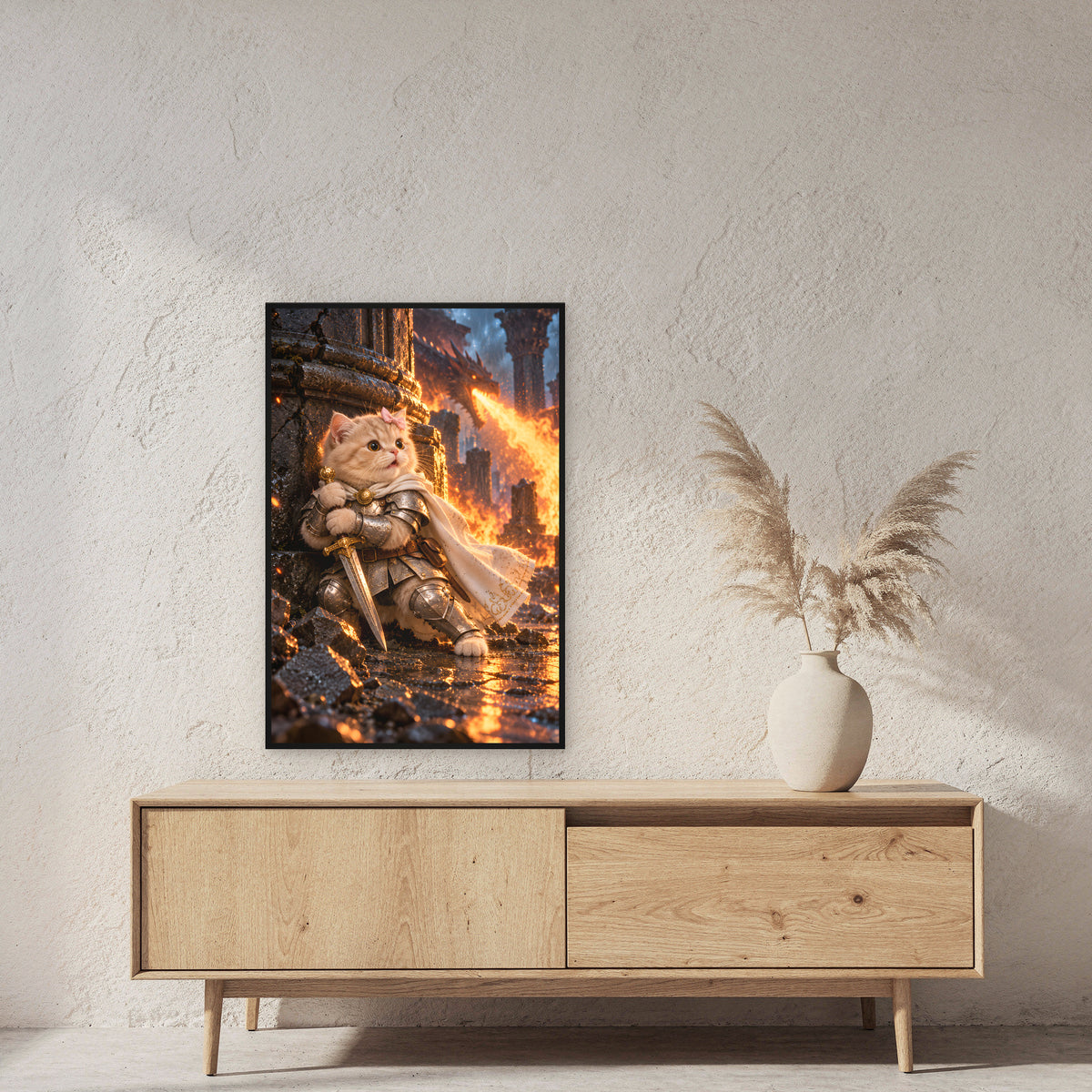 Deckung vor Drachenfeuer. Gerahmtes Katzenbild. 2 RAUM · 60×90 cm