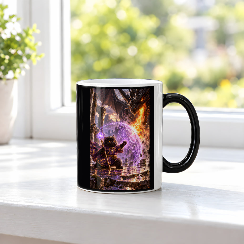 Zauberkatze schützt sich mit Magieschild. Katzentasse. 3 FENSTER · Zaubertasse