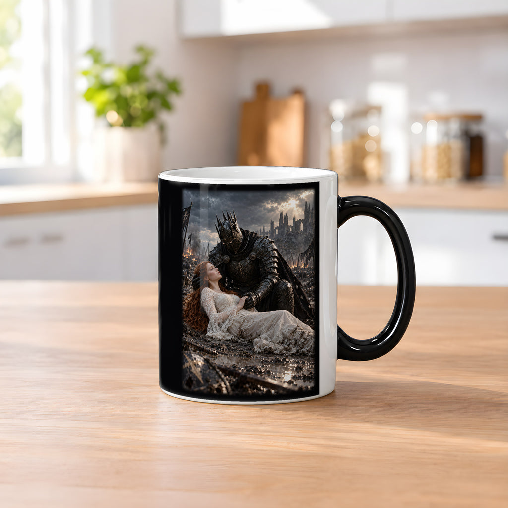 Letzter Schutz – Ritter-Tasse, Black Edition, Küchenszene